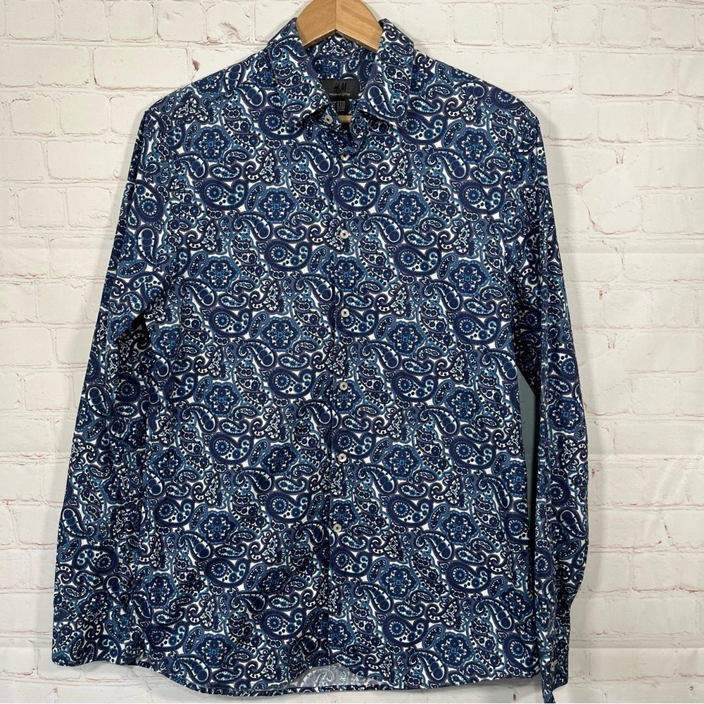 H&M Shirt Mens Medium Blue White Paisley Cotton Premium Cotton Button-Up